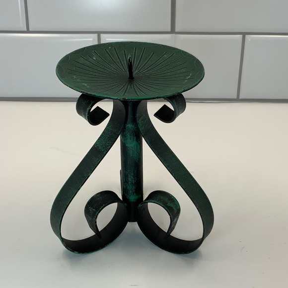 Other - Vintage Green Verdigris Wrought Iron Pillar Candle Holder Scroll Base Hong Kong